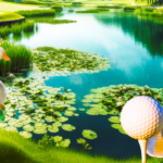 This is image of a lake with close up view of a golf ball about to struck. It links to more golf accessory products.