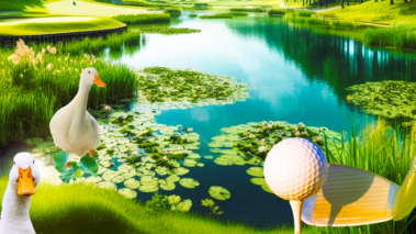 This is image of a lake with close up view of a golf ball about to struck. It links to more golf accessory products.