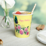 This is an image of a Happy Birthday design with roses. It links to more holiday and everyday papercups.