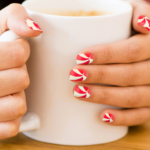 The image is a Christmas candy design and links to other nail designs to celebrate holiday or everyday moments.